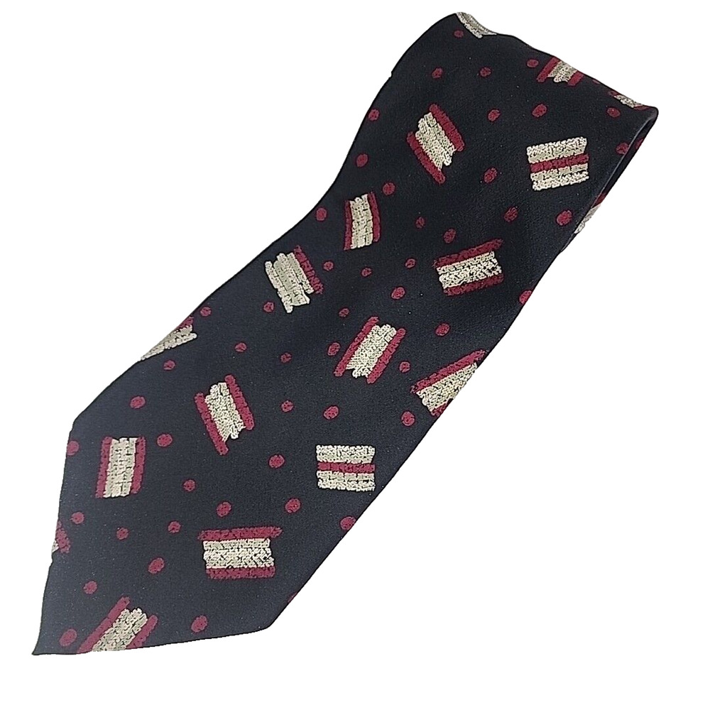 Brandini Silk Necktie, Black with Red & White Dot & Strip Pattern - Like New